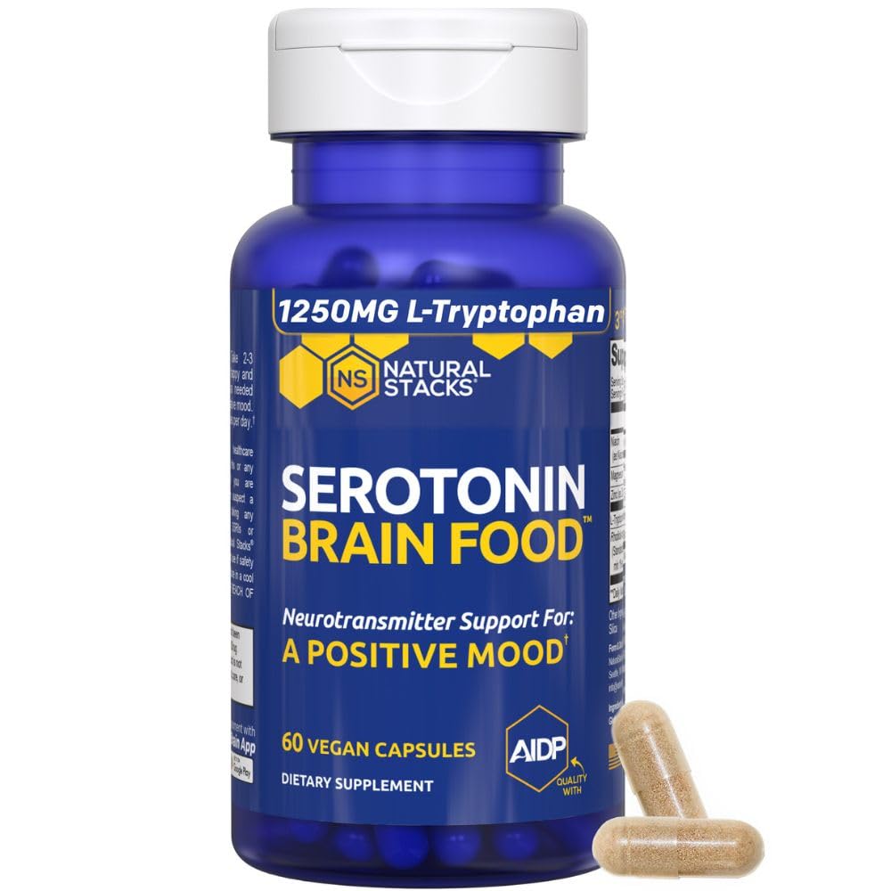 Serotonin Beyin Gıda - 1250 mg L-Tryptophan & 400 mg Rhodiola Rosea Supplement - Stres Yardımı için Mood Support Supplement - Nörotransmitter Support with Magnezyum Glycinate & çinko - 60 Capsules