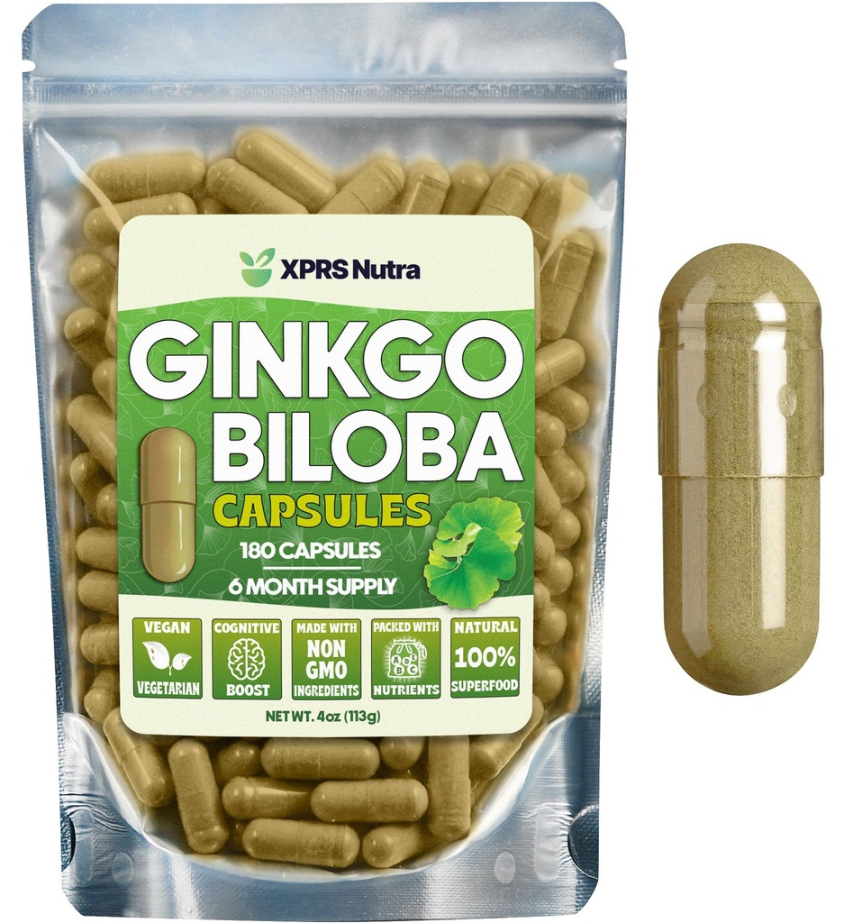 XPRS Nutra Ginkgo Biloba Capsules - Gingko Biloba Encapsated Supplements for Cognition - Vegan Dostu Ginkoba Biloba - Immunity Boosting Ginkgo Biloba Capsules - 180 Count