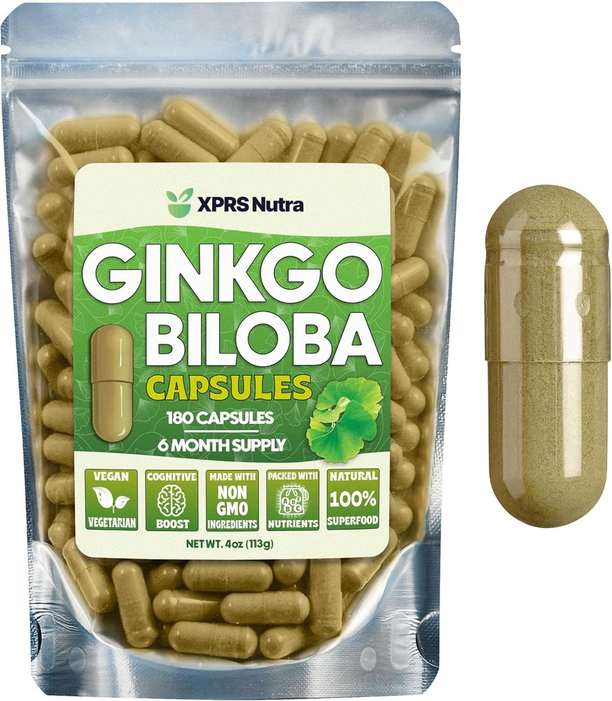 XPRS Nutra Ginkgo Biloba Capsules - Gingko Biloba Encapsated Supplements for Cognition - Vegan Dostu Ginkoba Biloba - Immunity Boosting Ginkgo Biloba Capsules - 180 Count