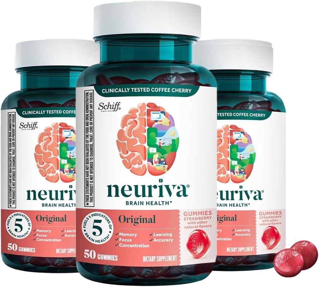 Neuriva Original Brain Health Support Strawberry Gummies (50 Count), Brain Support with Phosphatidylserine & Decaffeinated, Klinik olarak Proven Kahve Kirası (Paket 3 )