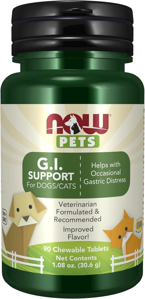 NOW Pet Health, G.I. συμπλήρωμα υποστήριξης, Formulated for Cats & Dogs, NASC Certified, 90 μασώμενα δισκία