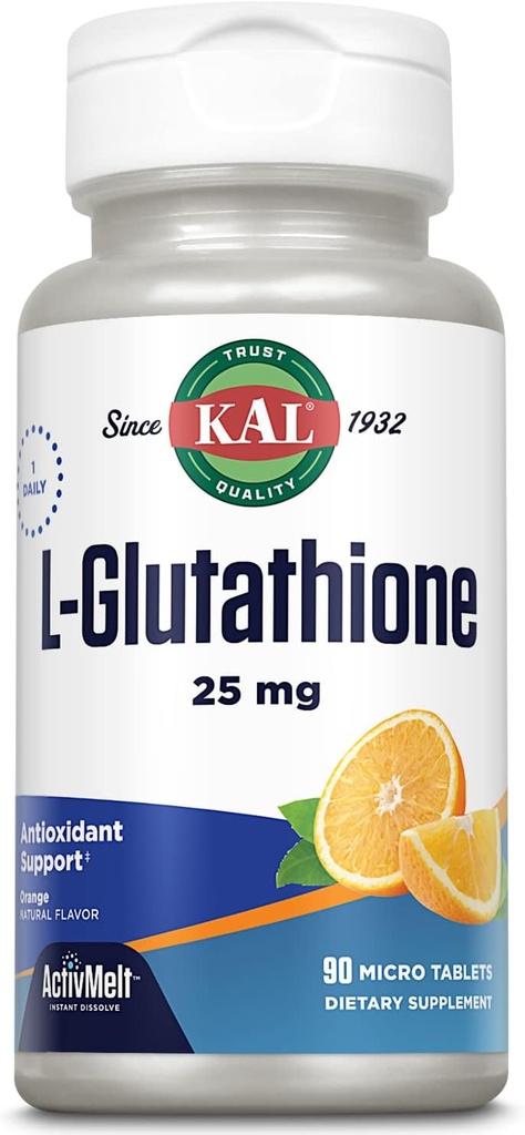 KAL L-Glutathione, Reduced Glutathione Supplement, High Abors Antioxy, Orange Flavor Instant Dissolve ActivMelt, Vegetarian, Lab TY, 90 Hizmet, 90 Micro Tablets