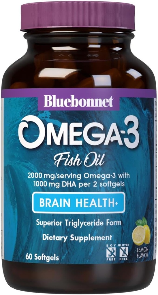Bluebonnet Beslenme Omega-3 Beyin Doğal Vahşi Caught Triglyceride Form DHA 860 mg EPA 120 mg - Yüksek derecede Kond Cognitive Health & Wellness Support Supplement - Gluten-Free - 60 Softgels