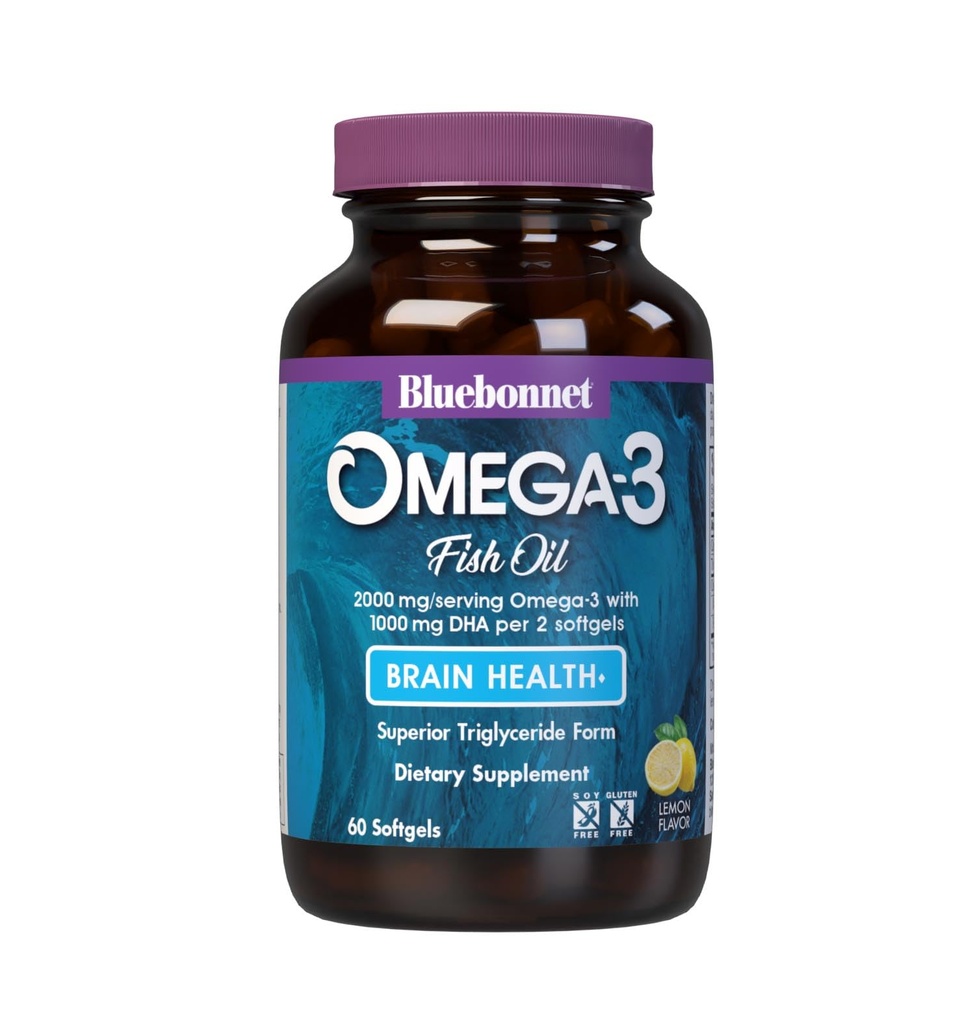 Bluebonnet Beslenme Omega-3 Beyin Doğal Vahşi Caught Triglyceride Form DHA 860 mg EPA 120 mg - Yüksek derecede Kond Cognitive Health & Wellness Support Supplement - Gluten-Free - 60 Softgels