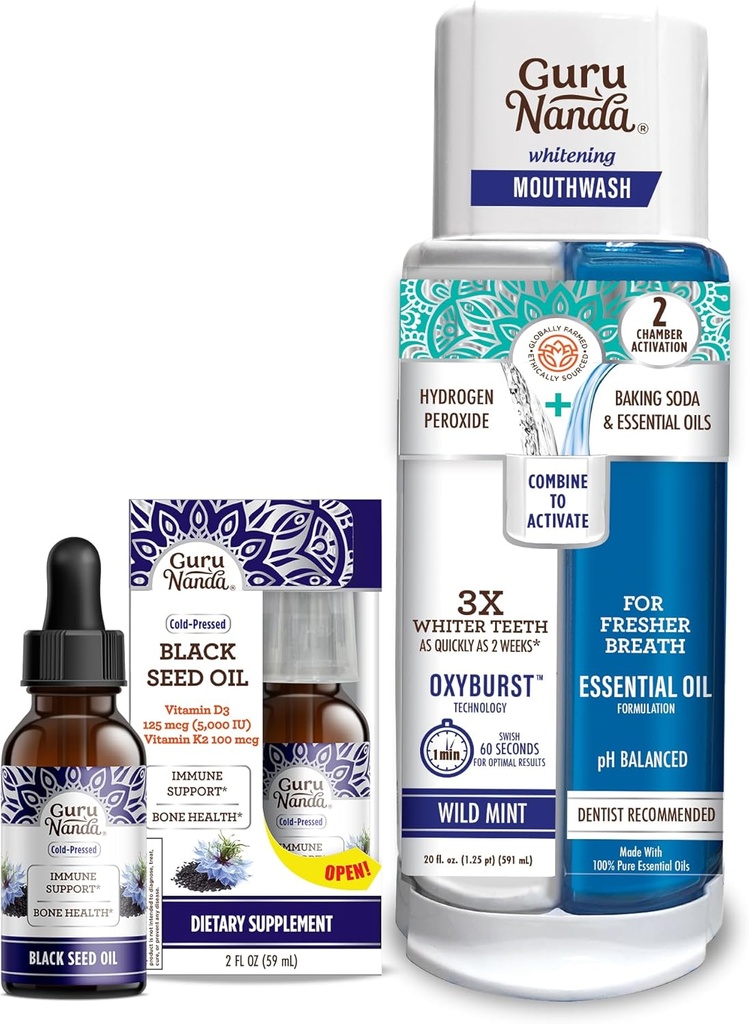 GuruNanda Black Seed Oil, Cold-Pressed Nigella Sativa - Vitamin D3 5000 Birimlerde Zengin, K2 & E & Dual Luna Oxyburst Whitening Mouth yıkama - Contains Hidrojen Peroksitoksit