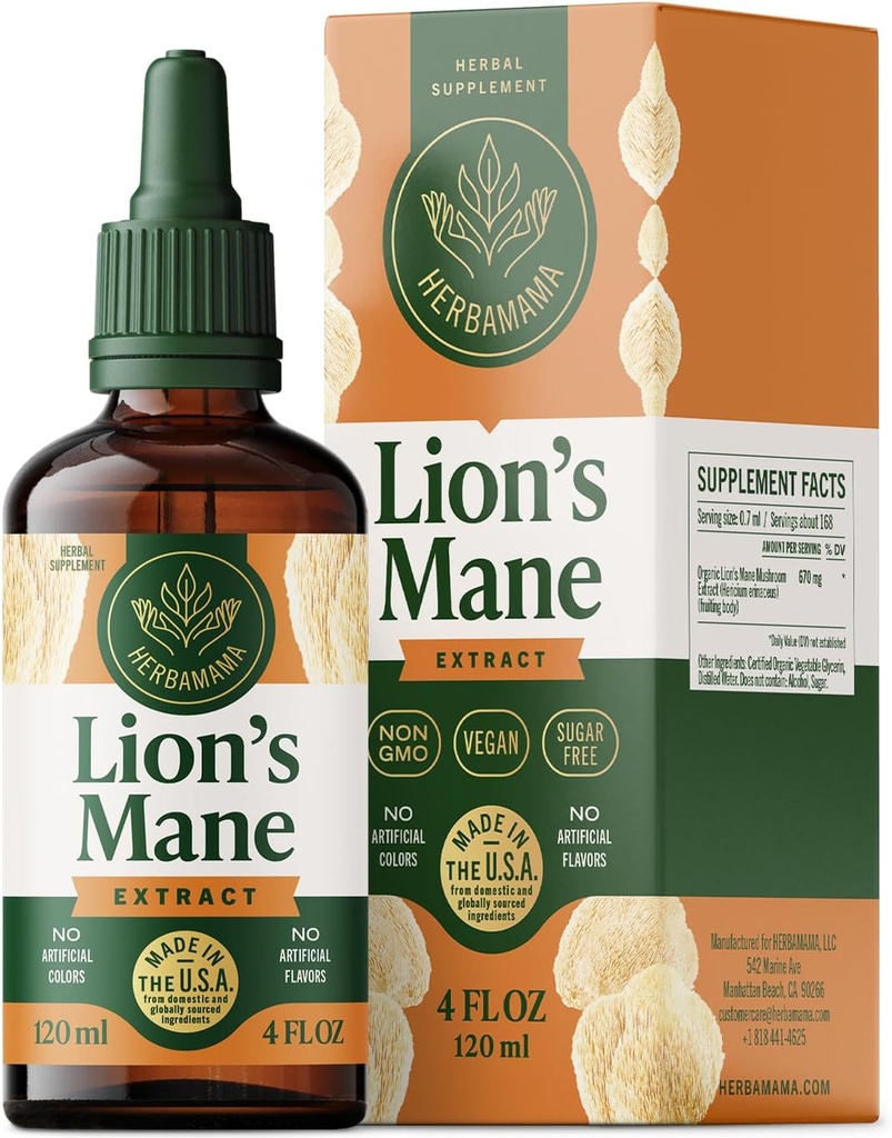 HERBAMAMA Lions Mane Tincture - Vegan Focus & Nerve Υποστήριξη με το εκχύλισμα μανιταριών του Lion - Hericium Erinaceus Brain Support Supplement - Μη ΓΤΟ, Αλκοόλ & Ζάχαρη-Δωρεάν - 84-Ημέρα προσφοράς