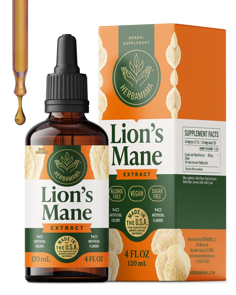 HERBAMAMA Lions Mane Tincture - Vegan Focus & Nerve Support with Lion's Mane Mushroom Extract - Hericium Erinaceus Brain Support Supplement - Non-GMO, Alkol & Sugar-Free - 84-Day Supply