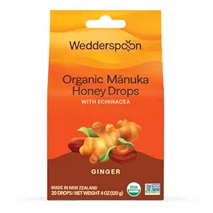 Wedderspoon Organik Manuka Honey Drops, Ginger & Echinacea, 20 Kont ( 1) | Gerçek Yeni Zelanda Honey | Mükemmel Remedy For Kuru Throats
