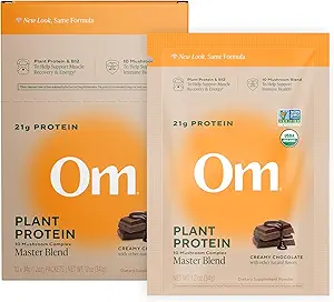 Om Master Blend Vegan Protein Powder, Chocolate, 21g Plant Protein - Βιολογικό συμπλήρωμα μανιταριών με 10 Mushroom Complex, Ashwagandha, BCAAs και Βιταμίνη B12 - Ενιαία Σερβίρισμα (10 Count)