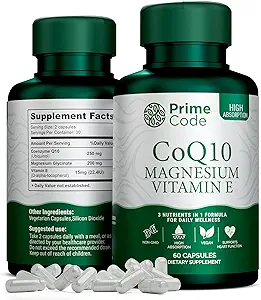 Prime Code [3 in 1] CoQ10 250mg with Magnezyum Glycinate and Vitamin E | CoQ10 Capsules 250 mg | Magnezyum Glycinate 200 mg | Vitamin E 15 mg | Non-GMO | Gluten & Soy Free | Vegan