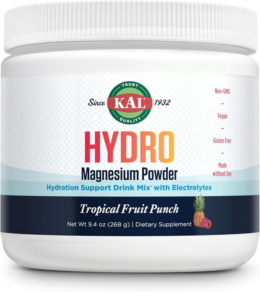 KAL Hydro Magnesium Plus Ηλεκτρολυτές σκόνης - Τροπικά Φρούτα Punch - Νάτριο, Χλωριούχο, Συμπλήρωμα καλίου - Ενυδάτωση & Κυτταρική Ενέργεια Μείγμα Ποτών - Χωρίς Ζάχαρη - Εγγύηση 60 ημερών, 50 Μερίδες, 9.4 OZ