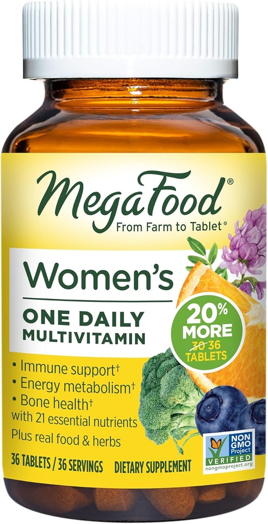 MegaFood Women Multivitamin One Daily - Πολυβιταμίνη για γυναίκες - Βιταμίνη C, Βιταμίνη D, Σιδήρου & Β Βιταμίνες - Οστό, Ενέργεια Μεταβολισμός & Ανοσολογική Υποστήριξη - Χορτοφαγική, Χωρίς Γλουτένη - 36 δισκία, 36 σερβιέτες