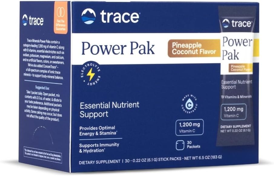 Trace Minerals Power Pak Multivitamin and Multimineral Packets - Υποστήριξη ηλεκτρολυτών - 1200 mg Βιταμίνη C Plus 70 Ανανάς Γεύση καρύδας - 30 συσκευασίες