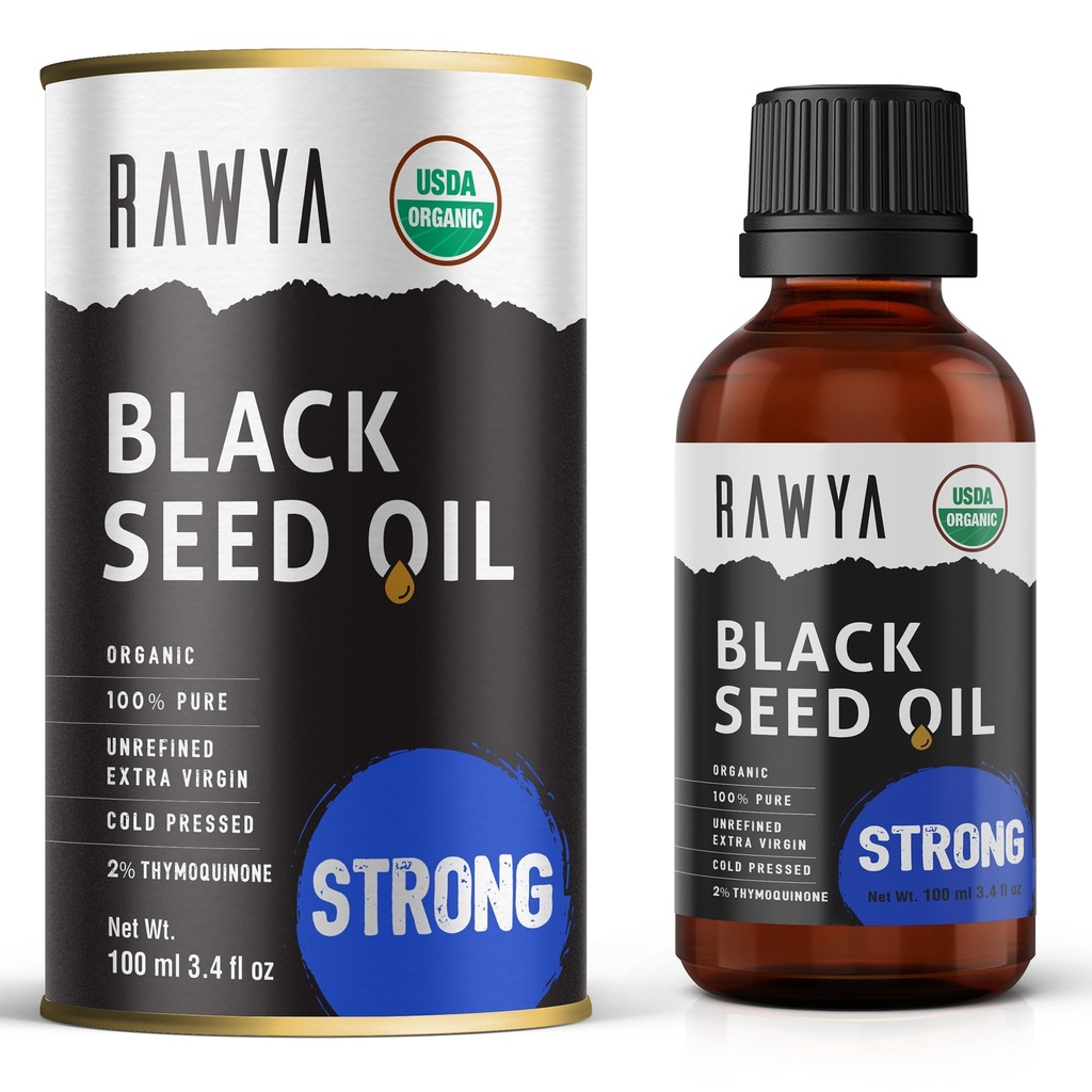 RAWYA Black Seed Oil - Ekstra Güçlü Tadı, Yüksek TQ, Cold Pressed, Glass Şişe, Nigella Sativa Petrol, Skin & Hair Care için Büyük, Black Cumin Tohum, Kalonji,% 100 sertifikalı Organik - 3.4 Fl Oz,
