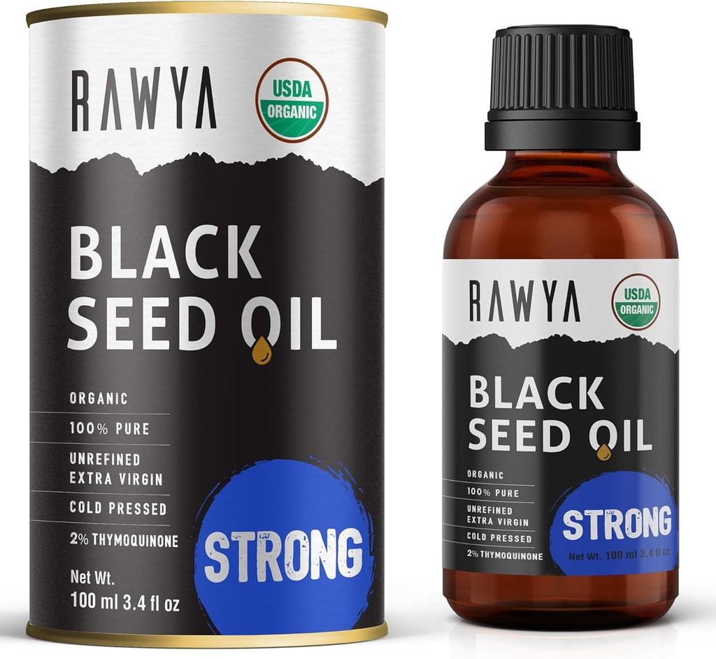 RAWYA Black Seed Oil - Extra Strong Taste, High TQ, Cold Pressed, Glass Bottle, Nigella Sativa Oil, Great for Skin & Hair Care, Black Cumin Seed, Kalonji, 100% Certified Organic - 3.4 Fl Oz,