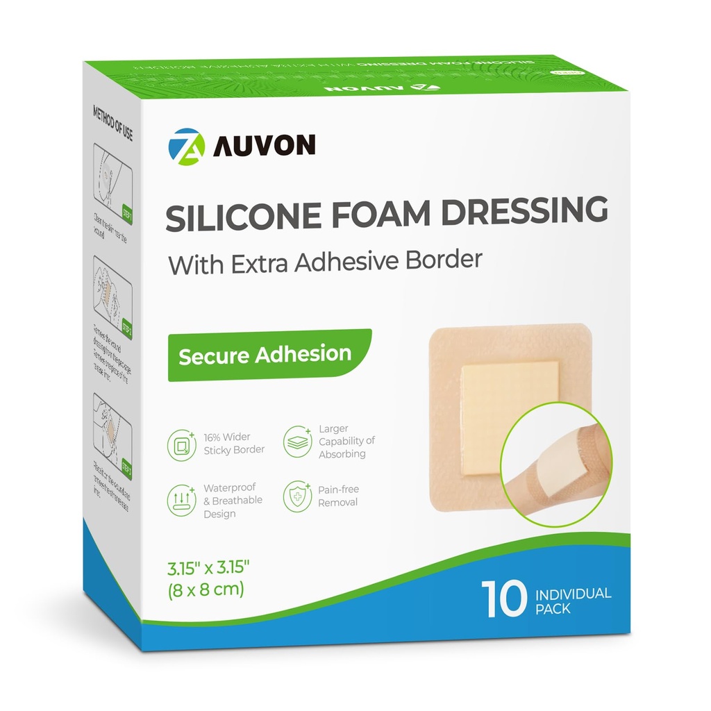 AUVON Silicone Foam Dressing with Large Adhesive Border, 3" x 3" 10 Πακέτα Dressing Dressage με υψηλή απορροφητικότητα, Αδιάβροχη Silicone Foam Pads for Wound Care & Protection Plus Cushioning