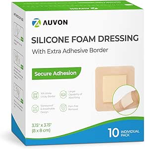 AUVON Silikon Köpük Büyük Yapıştırıcı Sınırı ile Giyiyor, 3" x 3" 10 Packs Yarası Yüksek Absorbency ile Bandage Giyiyor, Yara Bakımı ve Koruma Artıları için Su geçirmez
