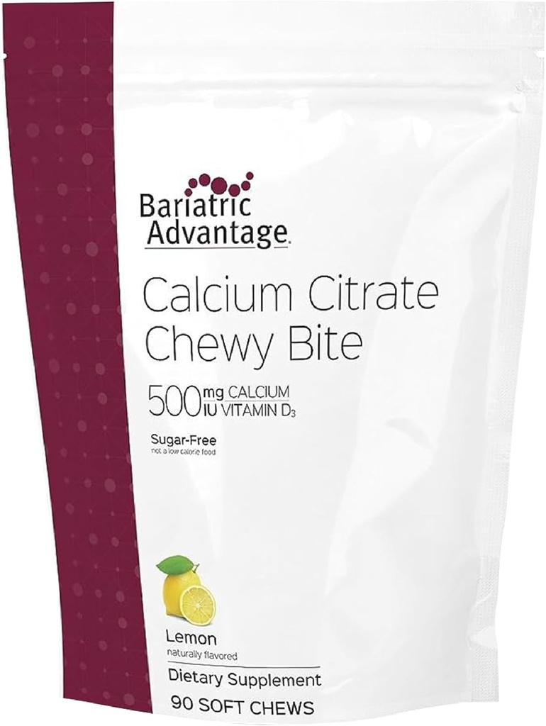 Bariatrik Avantajı Çelik Citrate Chewy Bites 500 mg - Yüksek derecede Absorbable & Digestible - Vitamin D3 - Easy Chewable Food Supplement - Lemon Flavor - 90 Count
