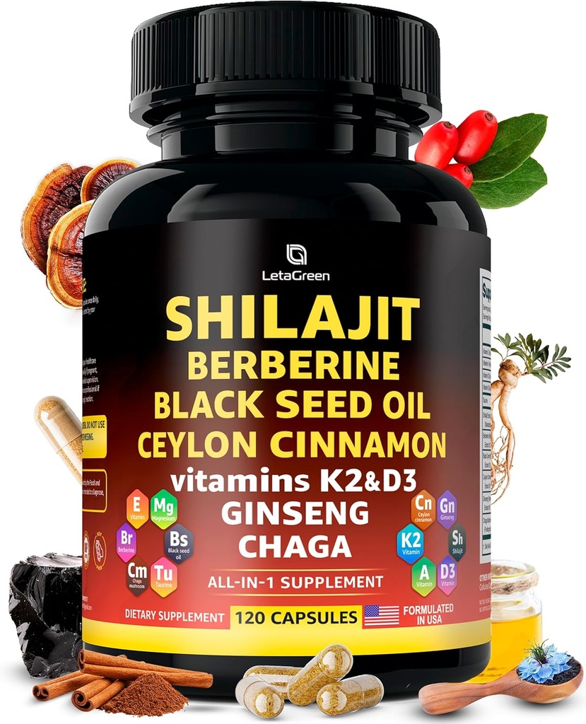 Organic Himalayan Shilajit Capsules with Black Seed Oil Berberine Cinnamon Ginseng Chaga & Taurine & Vitamin A, E, D3, K2 (120 Count) - All-in-1 Fulvic Acid Shilajit for Men & Women