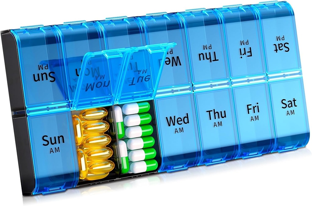 XL Large Weekly Pill Organizer 2 Times a Day, Ekstra Büyük 7 Gün Pill Box Am Pm, Daily Pill Case Medicine Organizer 14 Karşılaştırmalı, Day Night Pill Container for Fish Oils, Vitamin, Supplement, Supplement