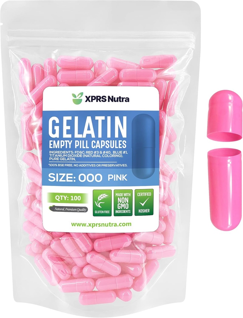 XPRS Nutra Boyutu 000 Boş Kapsüller - 100 Kont Büyük Boş Gelatin Capsules - DIY Supplement Capsule Filling için Pills - Sağlam Renk Gel Caps Pills (Pink)