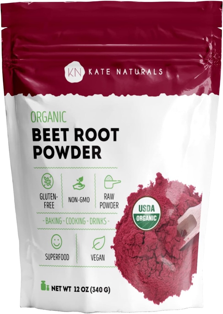 Kate Naturals Βιολογική σκόνη ρίζας τεύτλων για Smoothies, Ψήσιμο & Χυμό. Ακατέργαστο Beetroot Superfood & Natural Red Food Coloring (12oz, Μη ΓΤΟ, Γήινη Γεύση)