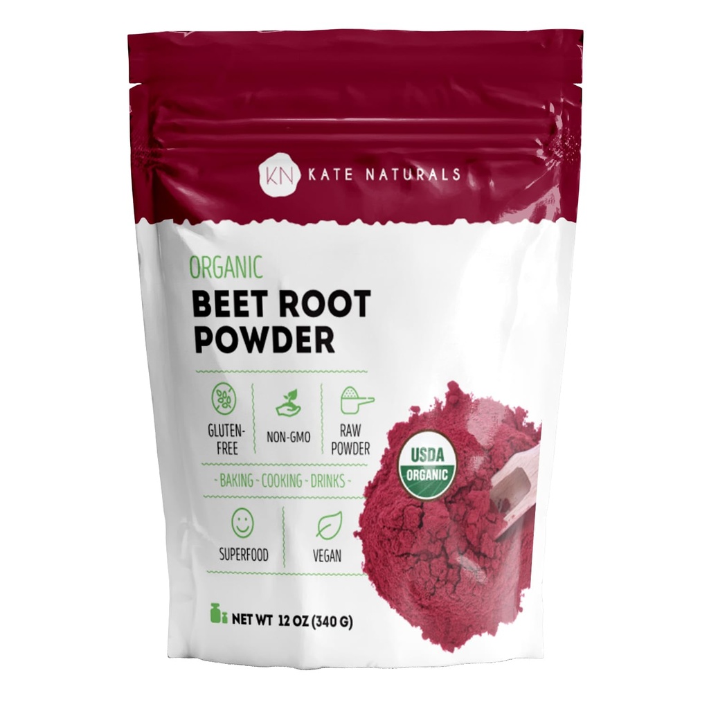 Kate Naturals Βιολογική σκόνη ρίζας τεύτλων για Smoothies, Ψήσιμο & Χυμό. Ακατέργαστο Beetroot Superfood & Natural Red Food Coloring (12oz, Μη ΓΤΟ, Γήινη Γεύση)