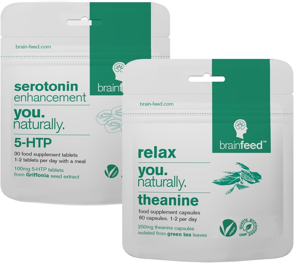 Serotonin Supplements & Natural l theanine | Serotonin Mood Support & Stress Relief Supplements | 5HTP 100 mg + 250 mg L theanine Capsules | 2 Ay Supply | Vegan