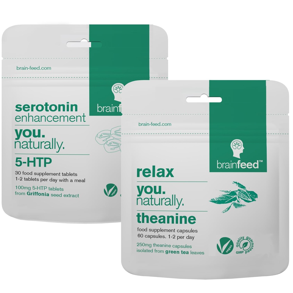 Serotonin Supplements & Natural l theanine | Serotonin Mood Support & Stress Relief Supplements | 5HTP 100 mg + 250 mg L theanine Capsules | 2 Ay Supply | Vegan