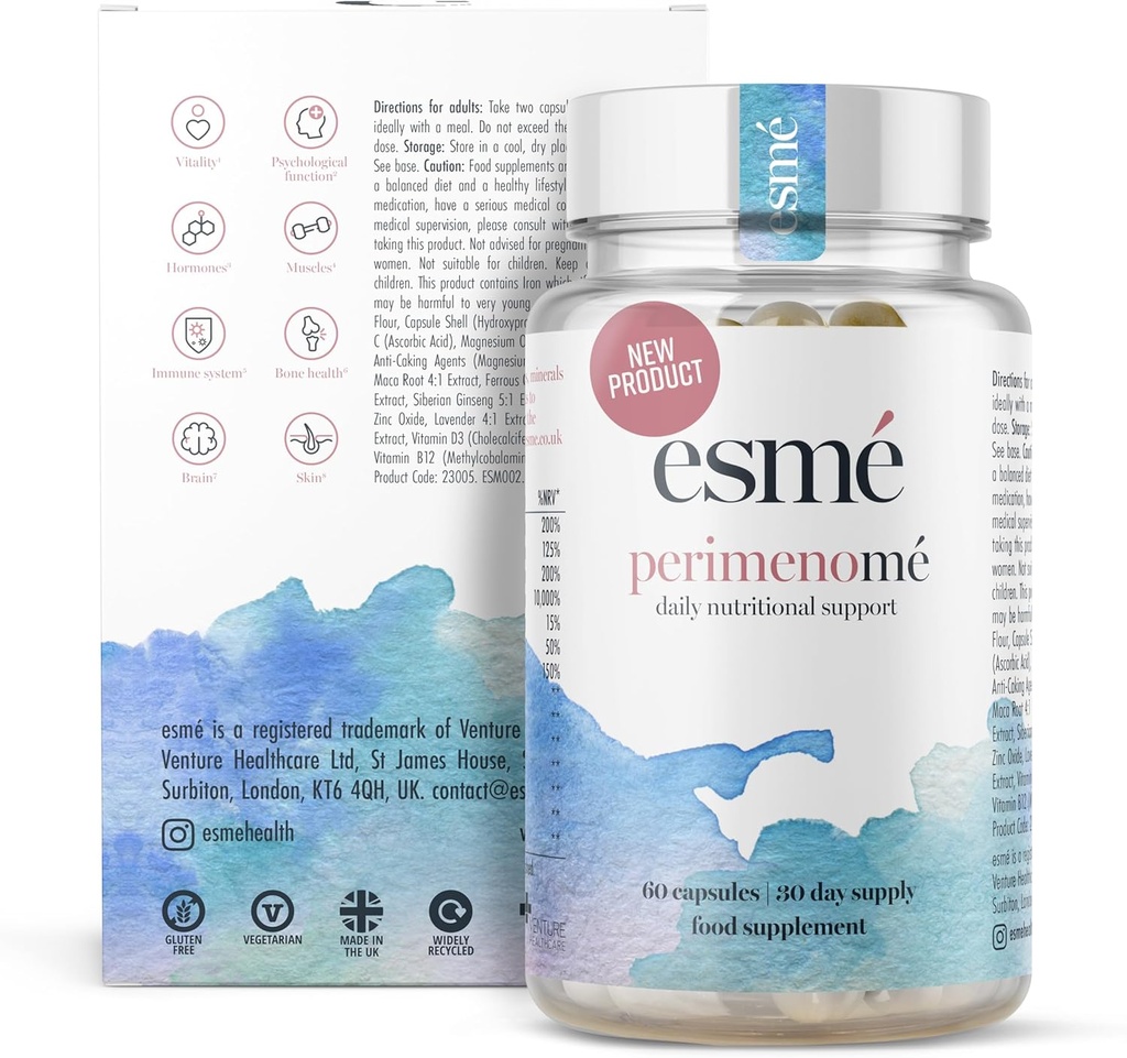 Esme Εμμηνόπαυση Συμπληρώματα Περιεμμηνόπαυση 1 Μήνα Προμήθεια - Καθημερινή Υποστήριξη για την Πρόωρη Στάδιο της Εμμηνόπαυσης – 60 Κάψουλες - Περιλαμβάνει Ashwagandha, Βιταμίνες και Red Clover
