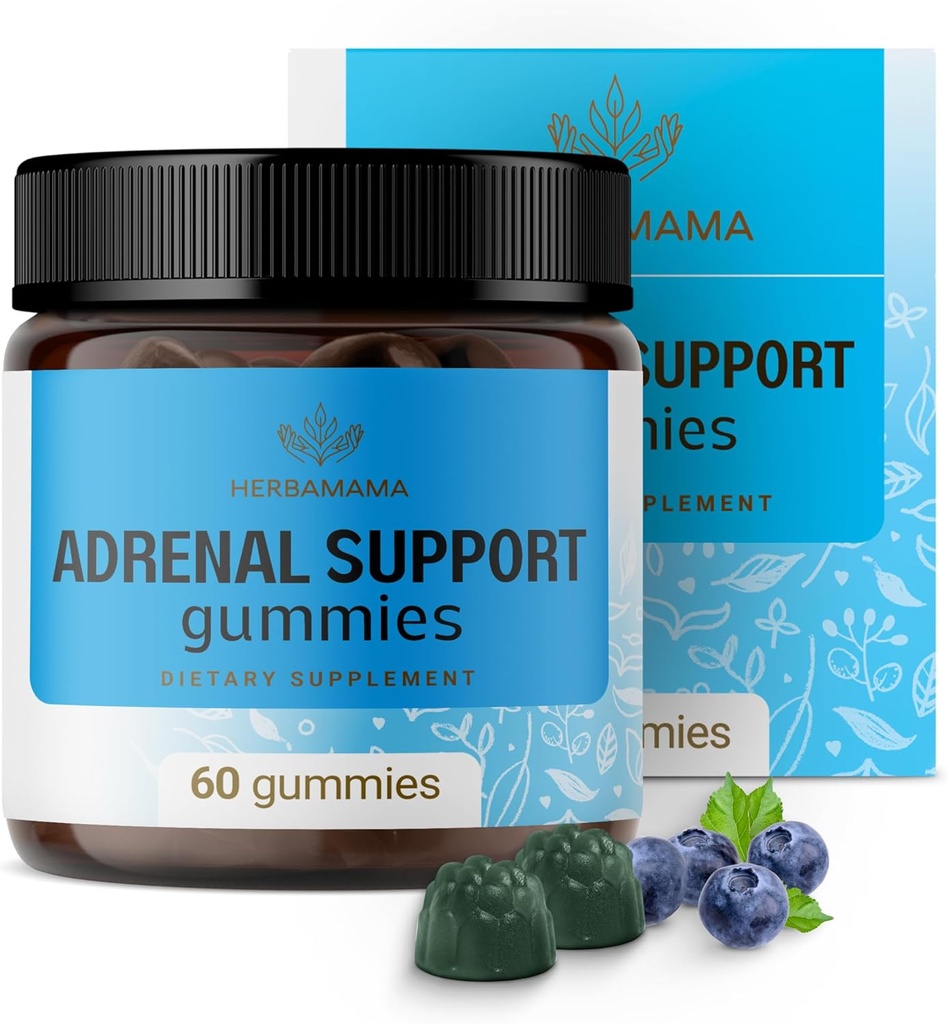 HERBAMAMA Adrenal Support Gummies - Ashwagandha Root, Rhodiola Rosea & Magnezyum - Vegan, Non-GMO - 60 Pectin-Based Blueberry-Flavored Chews