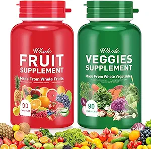 Fruit and Veggies Supplement Ingredients Natural – 90 Fruit and 90 Veggie Capsules - Fresh Superfood Formula with Vitamins and Minerals, Supports Energy Levels