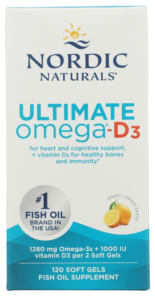 Nordic Naturals Ultimate Omega-D3, Lemon Flavor - 120 Soft Gels - 1280 mg Omega-3 + 1000 IU Βιταμίνη D3 - EPA & DHA - Προάγει τον εγκέφαλο, την καρδιά, & την ανοσοποιητική υγεία - 60 Υπηρεσίες