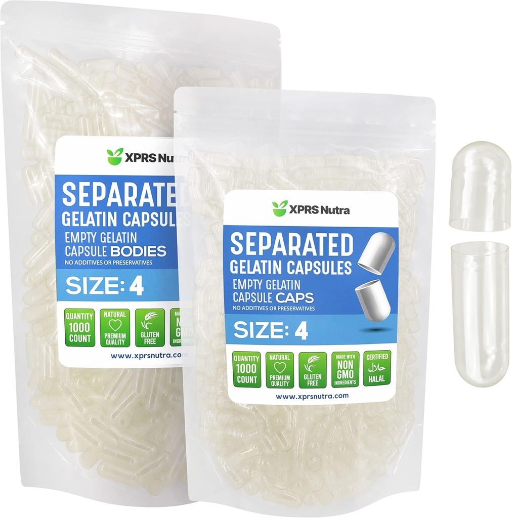 XPRS Nutra Gelatin Μέγεθος 4 Χωριστές κάψουλες - 1000 Μέτρα Καθαρίστε μικρές κενές κάψουλες Χωρίζονται σε σακούλες - DIY Fillable Caps - Μέγεθος 4 Gel Do-It-Yourself Βιταμίνη και συμπλήρωμα πλήρωσης