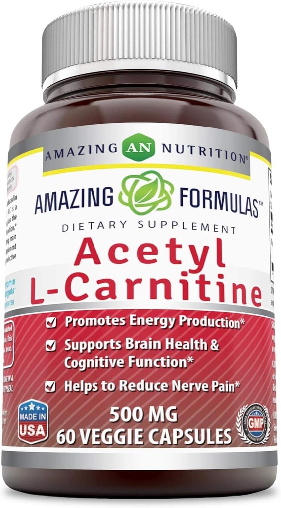 Amazing Formulas Acetyl L-Carnitine Hcl Veggie Diyeter Supplement - 500 Mg, Veggie Capsules (Non GMO,Gluten Free) Per Şişe - Enerji Üretimi ve Bilişsel Fonksiyonlu (60 Kont)