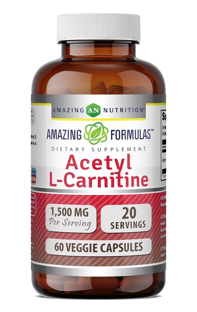 Amazing Formulas Acetyl L-Carnitine Hcl Veggie Diyeter Supplement - 500 Mg, Veggie Capsules (Non GMO,Gluten Free) Per Şişe - Enerji Üretimi ve Bilişsel Fonksiyonlu (60 Kont)