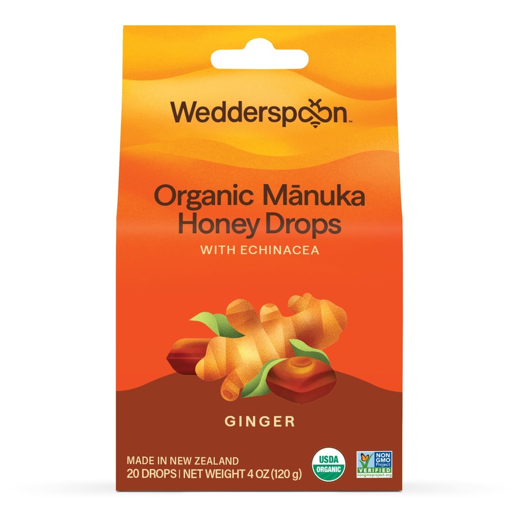 Wedderspoon Organik Manuka Honey Drops, Ginger & Echinacea, 20 Kont ( 1) | Gerçek Yeni Zelanda Honey | Mükemmel Remedy For Kuru Throats