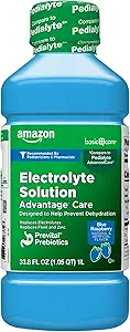   Basic Care Electrolyte Solution Advantage Care with PreVital Prebiotics, Blue Raspberry, Designed to Help Prevent Dehydration, Replaces Electrolytes, Fluid and Zinc, 33.8 fl oz (Pack of 1)