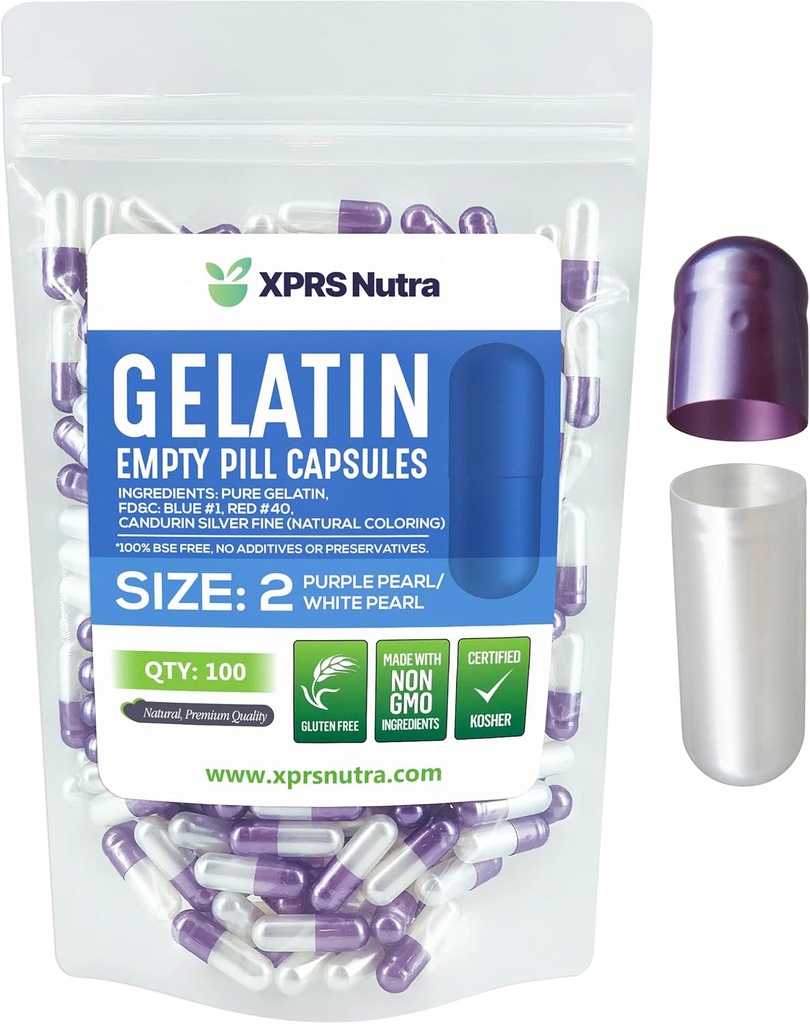 XPRS Nutra Boyutu 2 Boş Kapsüller - 100 Kont Boş Gelatin Capsules - Pills DIY Capsule - Pure Bovine Pill Gel Caps For Do-It- Yourself Supplements (Pearl Mor/White)