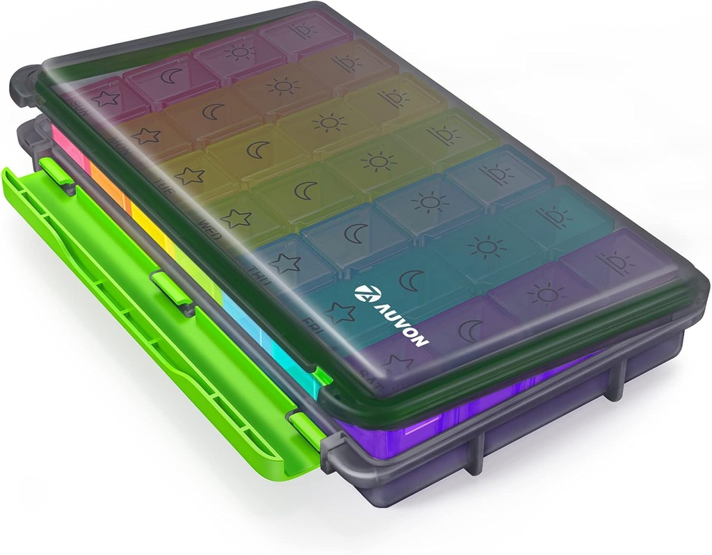 AUVON iMedassist Moisture-Proof Weekly Pill Organizer 4 φορές την ημέρα, μεγάλη περίπτωση 7 ημερών χάπι κουτί με φορητό σχεδιασμό για τα ταξίδια, μετακινήσιμα μεμονωμένα εμπορευματοκιβώτια κρατήσει βιταμίνες, συμπληρώματα, φάρμακα