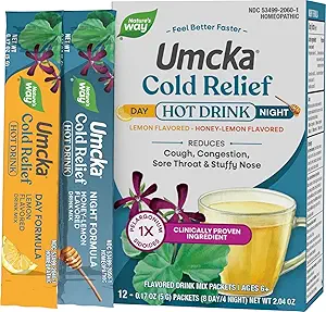 Nature's Way Cold Relief Hot Drink, Umcka, Homeopathic, Klinik olarak Proven Pelargonium Sidoides 1X, Cough, Congestion, Sore Throat, Thingsy Nose, Day & Night Formula, 12 Packets (Pazarlama May Vary)