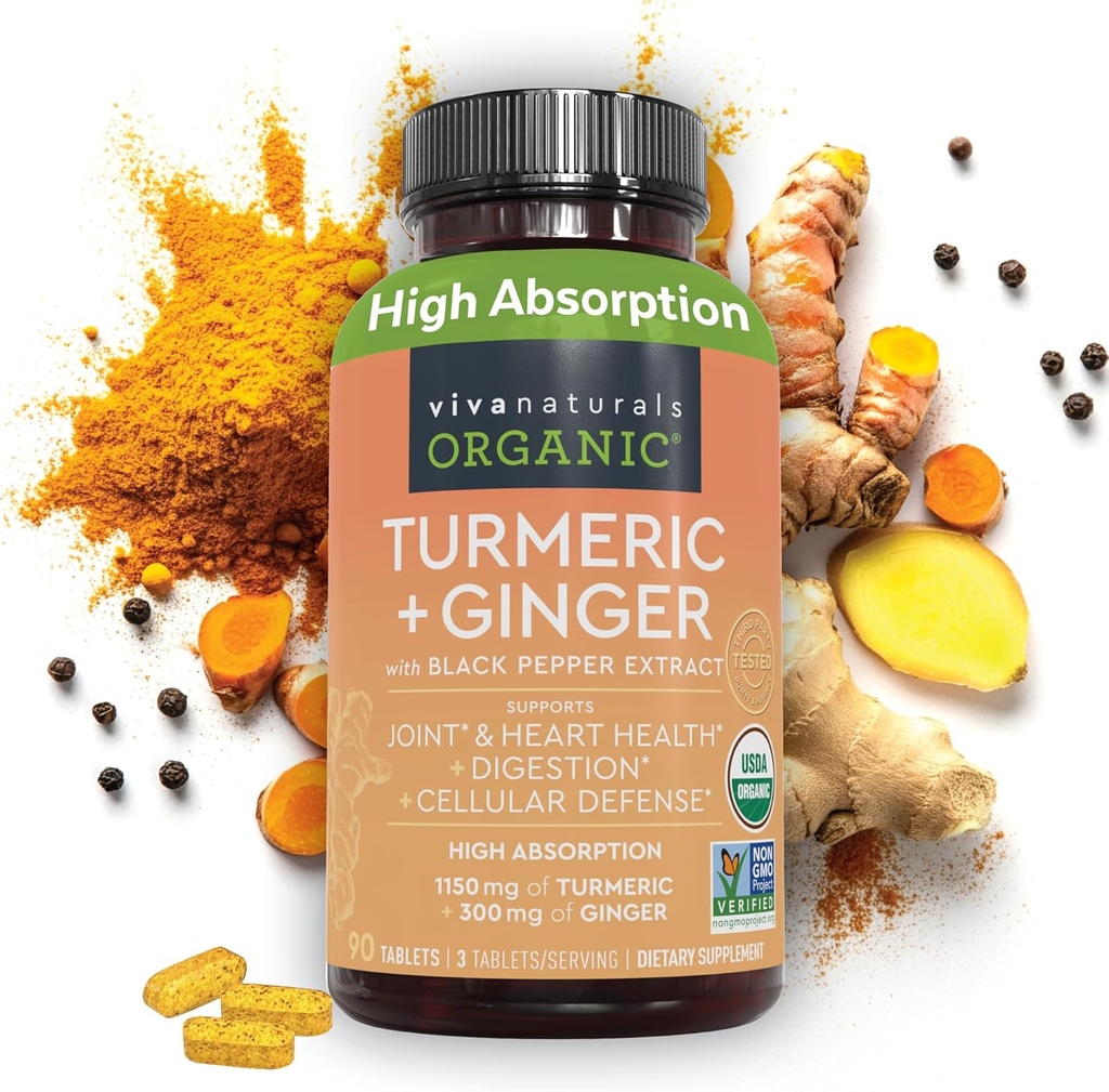 Viva Naturals Organic Turmeric and Ginger Supplements with Black Pepper Extract for Joint Support -1450 mg per Service Tumeric Ginger Pills with 150 mg of Turmeric Standardized to% 95 Curcuminoids