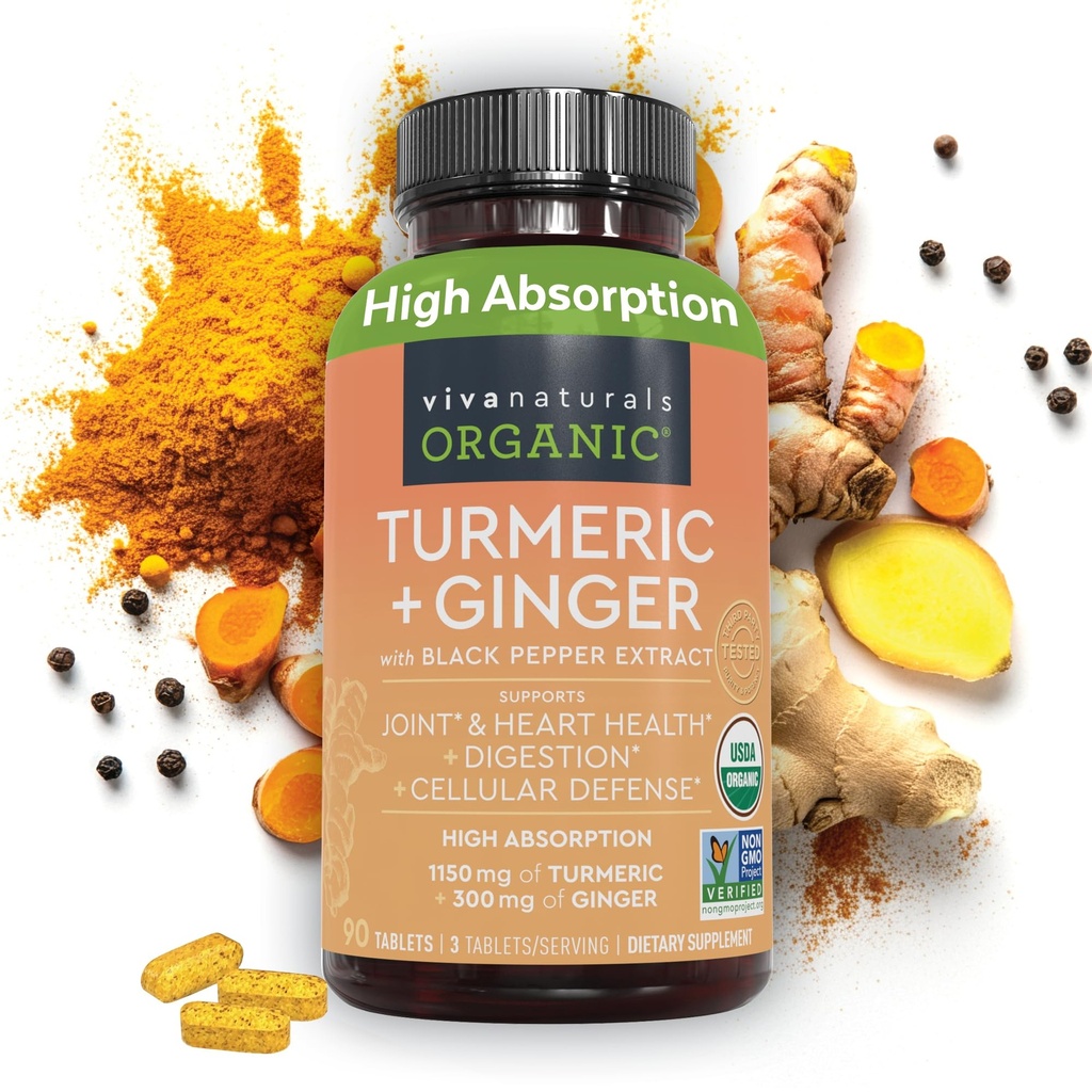 Viva Naturals Organic Turmeric and Ginger Supplements with Black Pepper Extract for Joint Support -1450 mg per Service Tumeric Ginger Pills with 150 mg of Turmeric Standardized to% 95 Curcuminoids