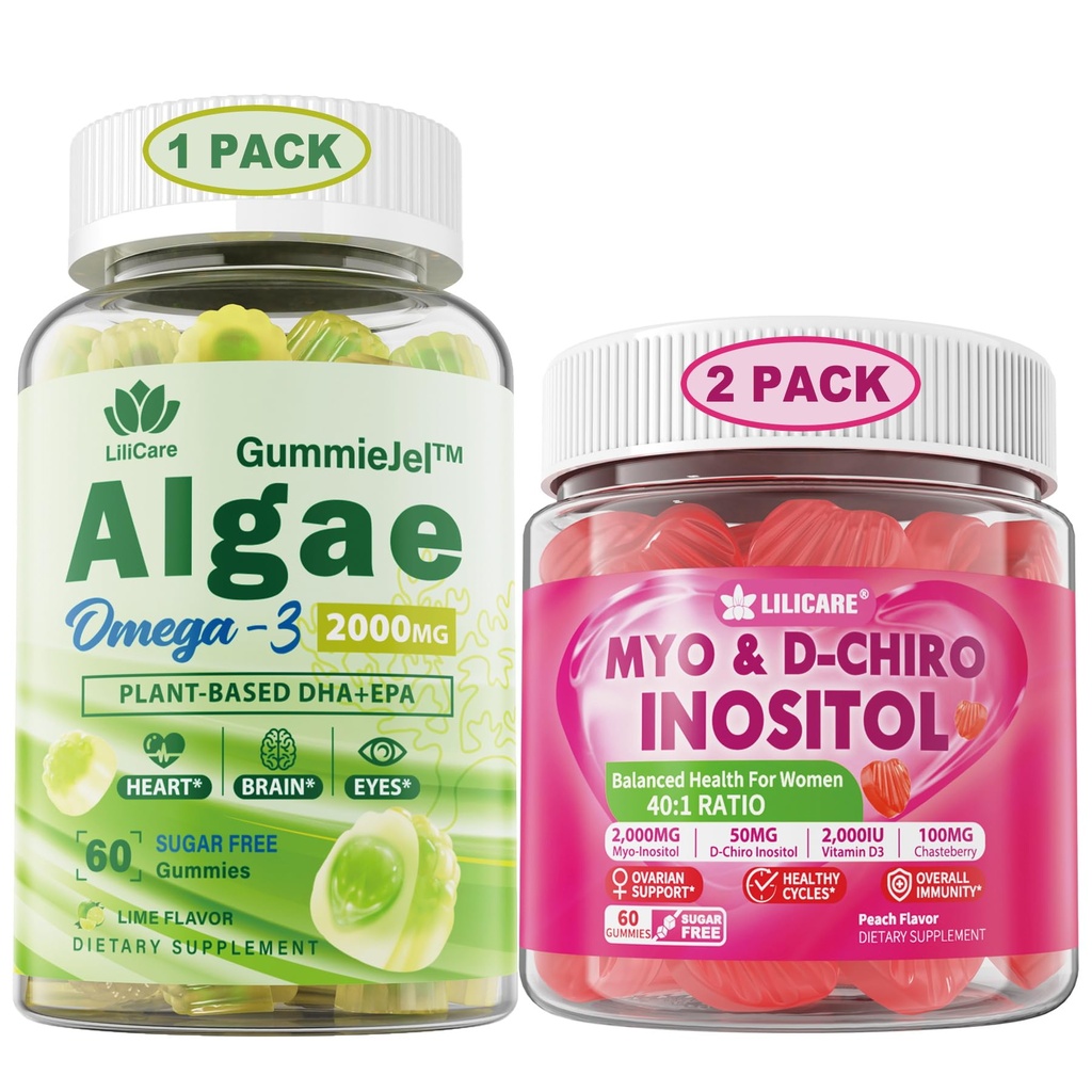 Δέσμη: Vegan Omega 3 συμπλήρωμα Gummies & Ινοσιτόλη Gummies Ιδανικό 40:1 αναλογία Myo & D-Chiro Ινοσιτόλη