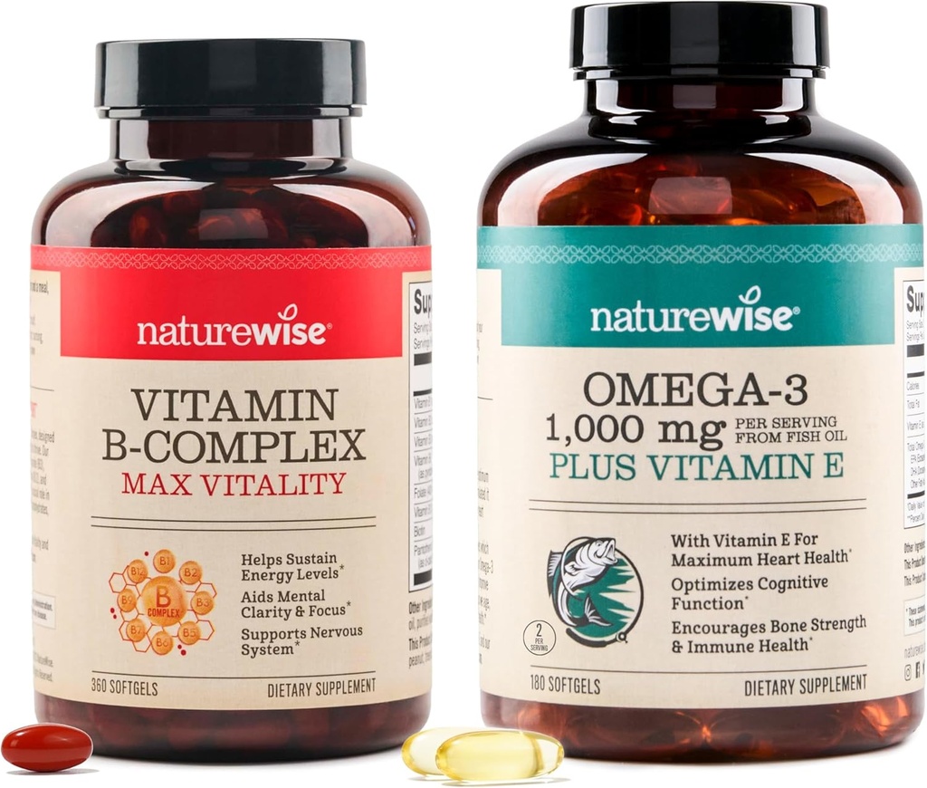 NatureWise Vitamin B Complex 360 Softgels & Omega 3 Fish Oil 180ct για την ενέργεια, την καρδιά, τον εγκέφαλο, το ανοσοποιητικό και την όραση υποστήριξη
