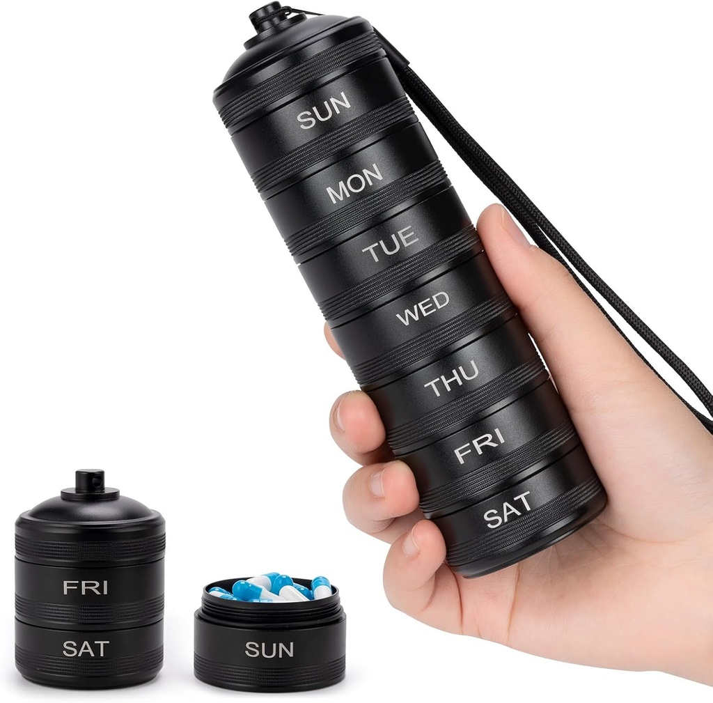 Pill Organizer Haftalık Metal Seyahat Pill Box Suları - 7 Gün Büyük Alüminyum Pill Konteyner, Portatif Günlük Pill Vitamin, Tıp, Tamam, Fish Oil Oil