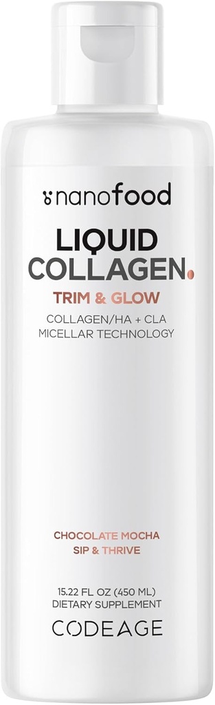 Codeage Liquid Collagen Supplement Chocolate Flavor, Beauty Trim & Glow Liposomal Collagen,, CLA Conjugated Linoleic Acid, Hyaluronic Acid, E, Hydrolyzed, Non-GMO, 15.22