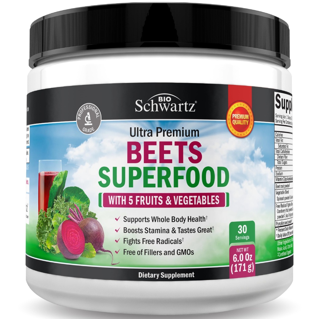 Beet Root Powder - Μπιτς Superfood Supplement with Vitamin C Plus Βιολογικά Αντιοξειδωτικά Πλούσια Κόκκινα Φρούτα και Λαχανικά - Ενισχύει την Σταμίνα και τα Επίπεδα Φυσικής Ενέργειας - 30 Σερβιέτες - Συσκευασία Μπορεί να Βαρύ