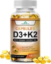 Υψηλής ισχύος βιταμίνη D3 5.000 IU + K2 – Vegan, μη ΓΤΟ, με Βιολογικό Λάδι Καρύδας για Καλύτερη Απορρόφηση – Υποστήριξη Οστών & Καρδιάς – 60-Ημέρα Προσφοράς, 120 Softgels