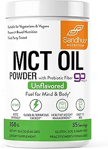 Sandhu'nun MCT Petrol Tozu Prebiyotik Fiber ile | 35 Hizmet | Organik - Keto | Vücut ve Beyin için Fatty Asit Yakıtı | %100 Piramit Petrol türü, Mix için Kolay, 10.6 Oz